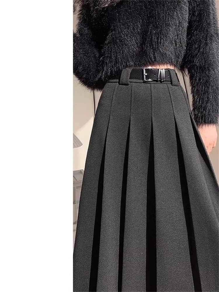 Gray Woolen High Waist A-Line Midi Skirt Women's Autumn New Style Slimming Drapey Pleated Skirt Korean Style Commute
