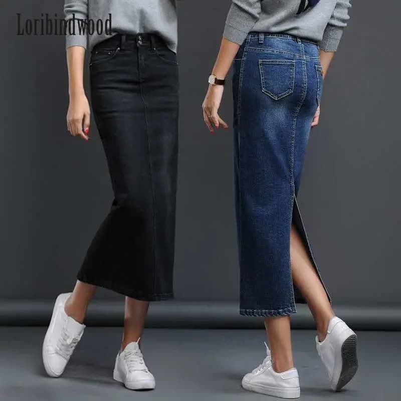 Classic Denim Women 2023 Long Jean Skirt High Waist Pencil Skirt Ladies Stretch Black Blue Faldas Largas Jupe Longue Femme