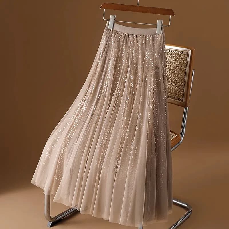 iny Sequin f Skirt A-Line Midi Skirt Concealing Belly Large Swing Skirt 2024 New Sle Drapey Polyester Fiber Skirt