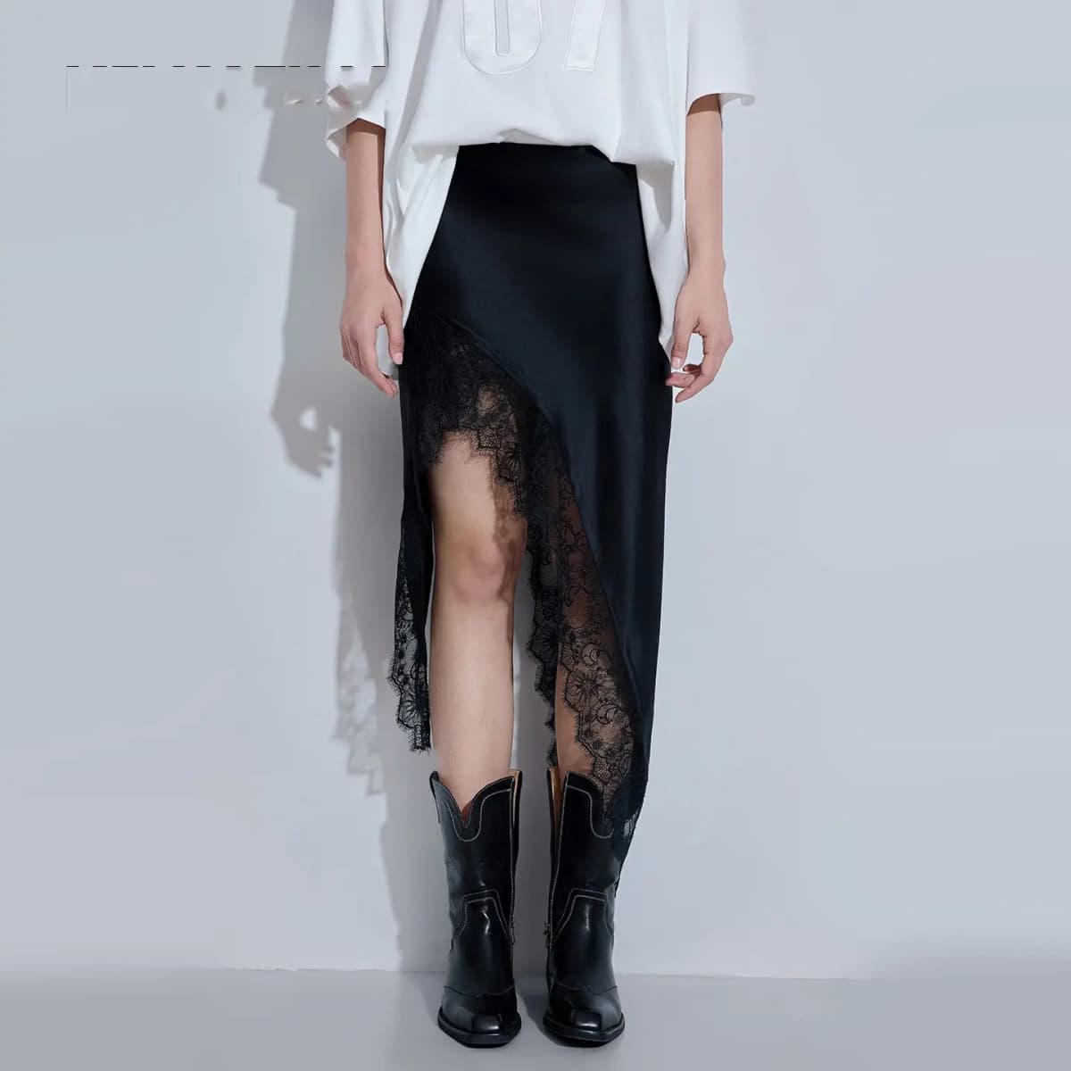 High Waist Asymmetric Splice Black Split Half Skirt Elegant Chiffon Pure Color Long Dress for Women Autumn 2025 New Style