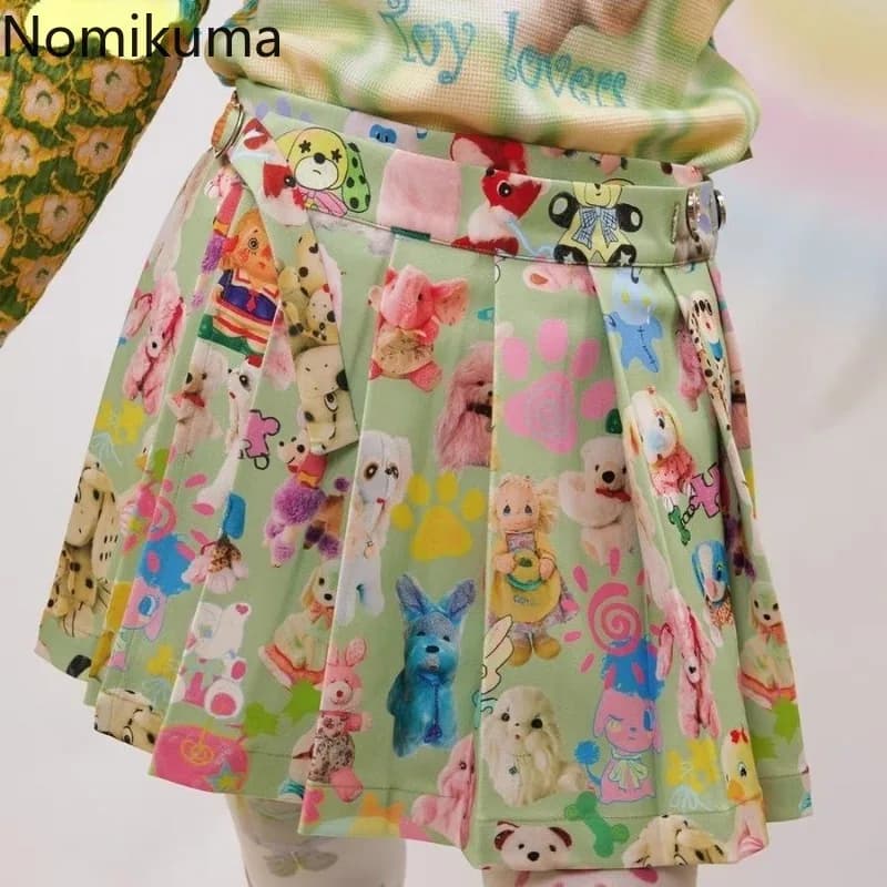 Summer Pleated Skirt Women Clothing Sweet Fashion Jupe 2025 Faldas Mujer De Moda High Waist Cartoon Print Japanese Mini Skirts
