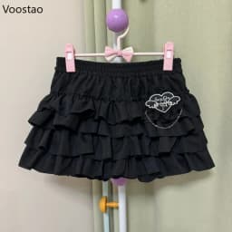 Gothic Y2k Lolita Mini Skirt Women Vintage Sexy Lace Love Hearts Ruffle Patchwork Punk Skirt Harajuku Cute High Waist Cake Skirt
