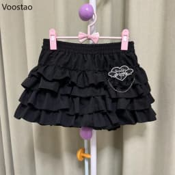 Gothic Y2k Lolita Mini Skirt Women Vintage Sexy Lace Love Hearts Ruffle Patchwork Punk Skirt Harajuku Cute High Waist Cake Skirt