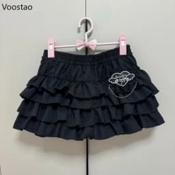 Gothic Y2k Lolita Mini Skirt Women Vintage Sexy Lace Love Hearts Ruffle Patchwork Punk Skirt Harajuku Cute High Waist Cake Skirt