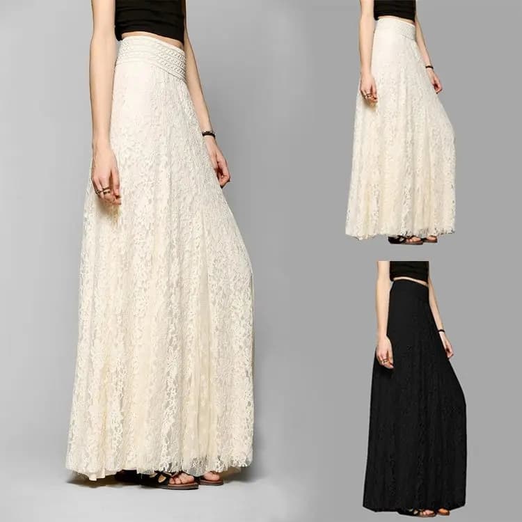 Hook-up Slim-fitting and Thin High-waisted Hollow-out Lace Skirt Long Versatile Elastic Waist Pleated Floor-mopping Skirt 2025