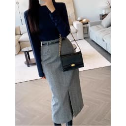 Gray Pencil Skirts Belted Elegant Women Slim Office Ladies Casual A-Line High Waist Split Midi Skirt Autumn Winter