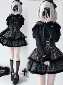 Japanese Harajuku Kawaii Tweed Mini Skirt Plaid Furry Edge Double Layer Ruffle Heart Buttons Y2K High Waist Slim Outfit Women