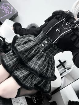 Japanese Harajuku Kawaii Tweed Mini Skirt Plaid Furry Edge Double Layer Ruffle Heart Buttons Y2K High Waist Slim Outfit Women