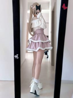 Japanese Harajuku Kawaii Tweed Mini Skirt Plaid Furry Edge Double Layer Ruffle Heart Buttons Y2K High Waist Slim Outfit Women