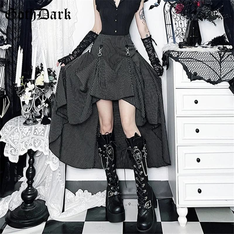 Goth Dark Women Fashion Striped Zipper Skirts Alt Streetwear Cyber Y2K Bottoms Mall Gothic Big Swing Skirt Casual Holiday Outfit
