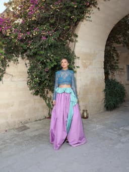 Purple Mint‑Green Color Block Taffeta Ball Gown Skirt High Waist Voluminous Floor‑Length Maxi Skirt Women Evening Party Skirt