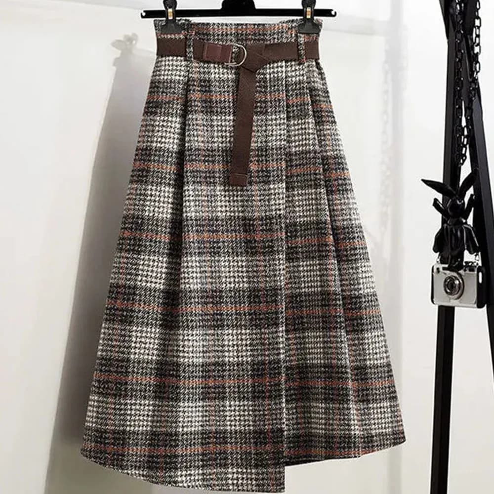 Office Lady Woolen Winter Thicken Umbrella Skirt New Autumn 2021 Plaid Asymmetrical Long Skirt Women Plus Size A-LINE Skirt