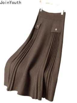 Vintage Skirts for Women High Waist A-line Jupe 2025 Faldas Mujer De Moda Thicked Korean Loose Saia Knitted Pleated Long Skirt