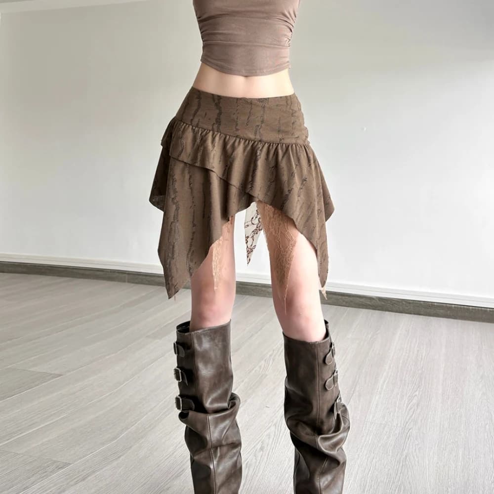 SylCue Mesh Patchwork Mini Skirts Women Elastic Waist Irregular Ruched Ruffles High Street Style Casual Elegant Classic Bottoms