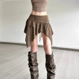 SylCue Mesh Patchwork Mini Skirts Women Elastic Waist Irregular Ruched Ruffles High Street Style Casual Elegant Classic Bottoms