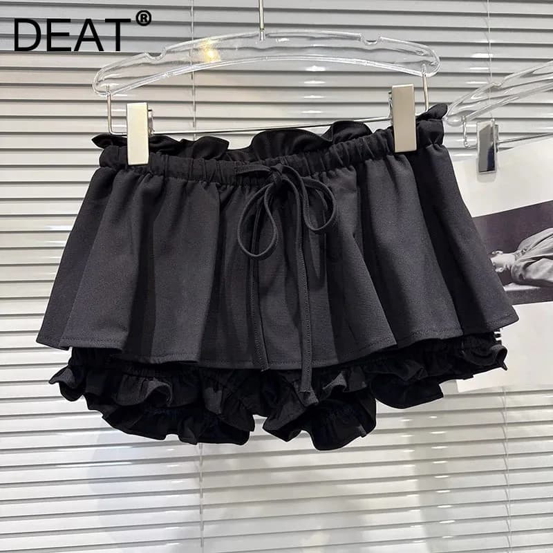 DEAT 2026 Spring New Sweet Temperament Ruched Ruffle Waist Tie Skirt For Women Elastic Waist Flower Bud Short Skirts 11A08273