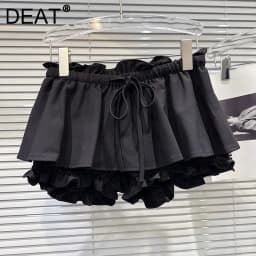DEAT 2026 Spring New Sweet Temperament Ruched Ruffle Waist Tie Skirt For Women Elastic Waist Flower Bud Short Skirts 11A08273