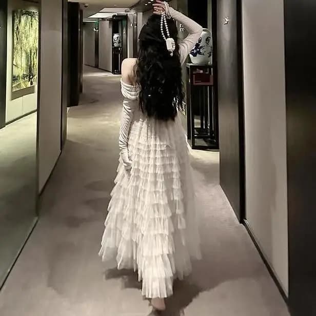 Elegant A-Line Long Tulle Skirt Women's Summer New Style Slimming Fairy Multi-Layer Cake Skirt High Waist Polyester Fabric