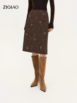 ZIQIAO 2026 Fall New Brown Faux Suede Straight Midi Skirt, Floral Studded Vintage A-Line Skirt for Rachel 90s Office Chic Style