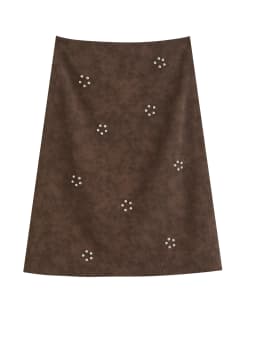 ZIQIAO 2026 Fall New Brown Faux Suede Straight Midi Skirt, Floral Studded Vintage A-Line Skirt for Rachel 90s Office Chic Style