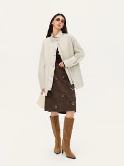 ZIQIAO 2026 Fall New Brown Faux Suede Straight Midi Skirt, Floral Studded Vintage A-Line Skirt for Rachel 90s Office Chic Style