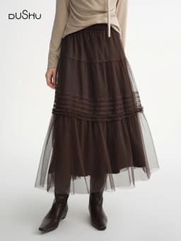 DUSHU Three-color Ruffled Mesh Skirt Women Pleated Mesh Straight Skirt Fairy Retro Gothic Cool Girls Elastic Waist Loose Fit