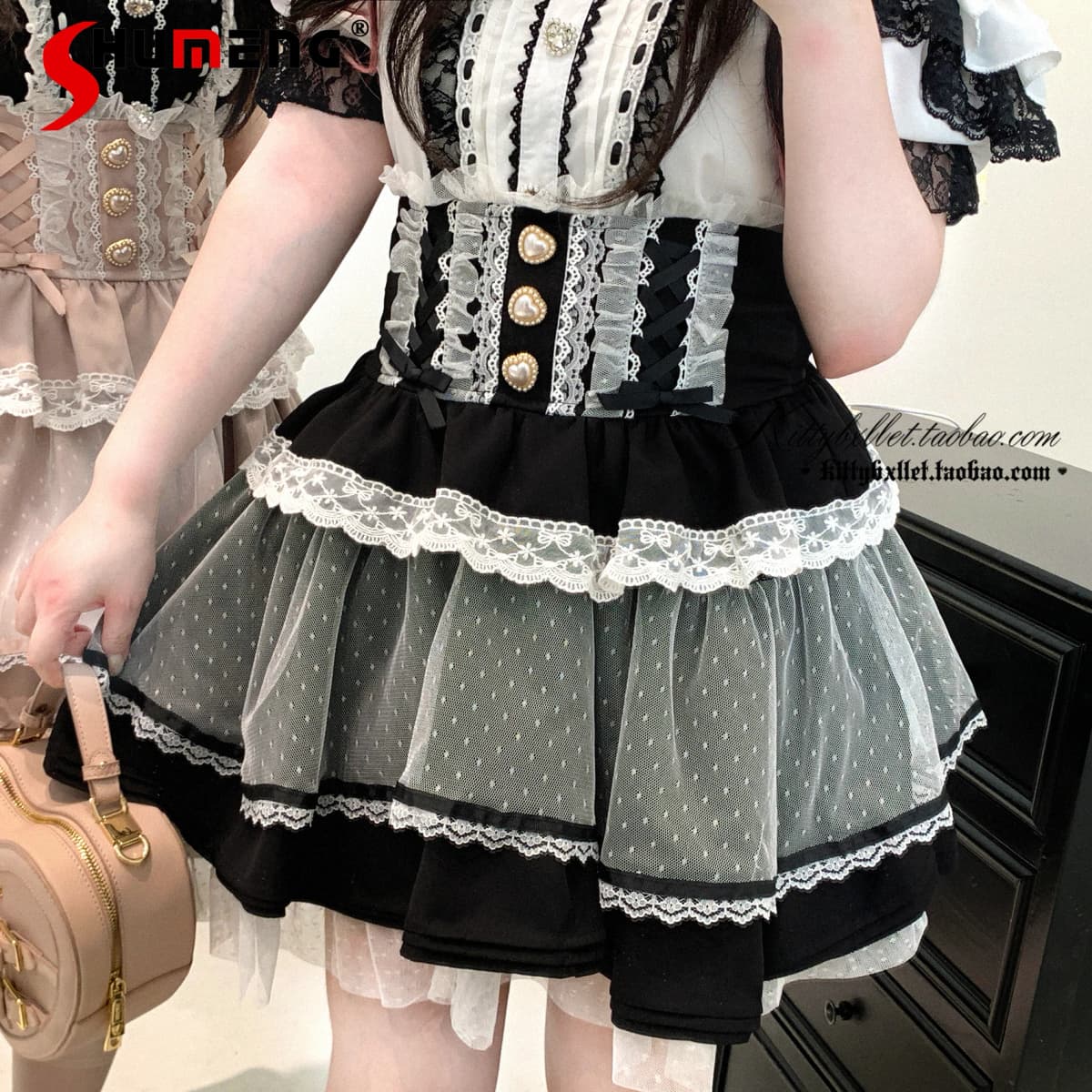 Original Japanese Mines Style Lace Patchwork Puffy High Waist Heart Buckle Bow Sweet Versatile A-line Short Skirts Women Summer