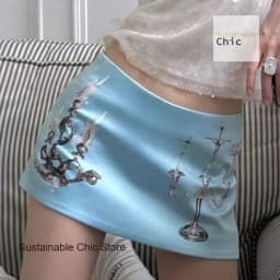 French Fashion Pearl Blue Candlestick Printing Spice Girl Niche High Sense A Word Skirt Female Summer New Temperament Skirt.