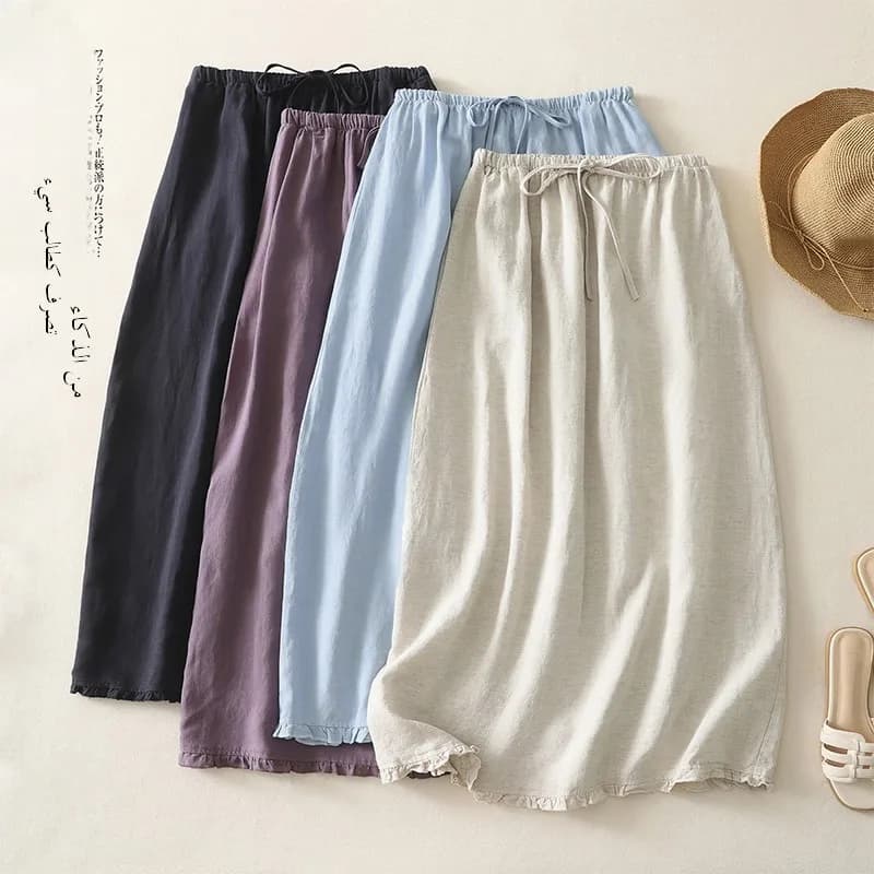 High Waist Cotton Linen Half Skirt Women Summer Thin Drawstring Elastic Wood Ear Flower Bud Long Skirt Thin Model