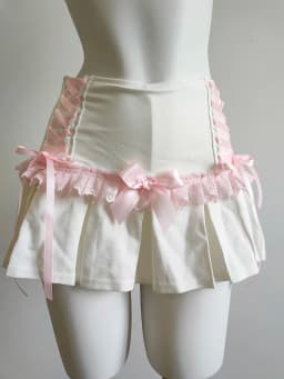 Cute Pleated Skirts for Sweet Girls High Waist Lace Trim Pink Bow Lolita Style A-line Mini Shorts Skirt Summer