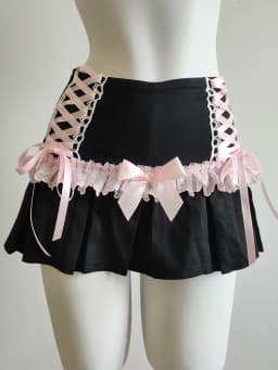 Cute Pleated Skirts for Sweet Girls High Waist Lace Trim Pink Bow Lolita Style A-line Mini Shorts Skirt Summer