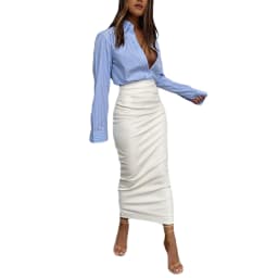 Fashion Autumn Sexy High Waist Bodycon Skirt Women Slim-fit Solid Color Slit PU Leather Long Skirt Black/White