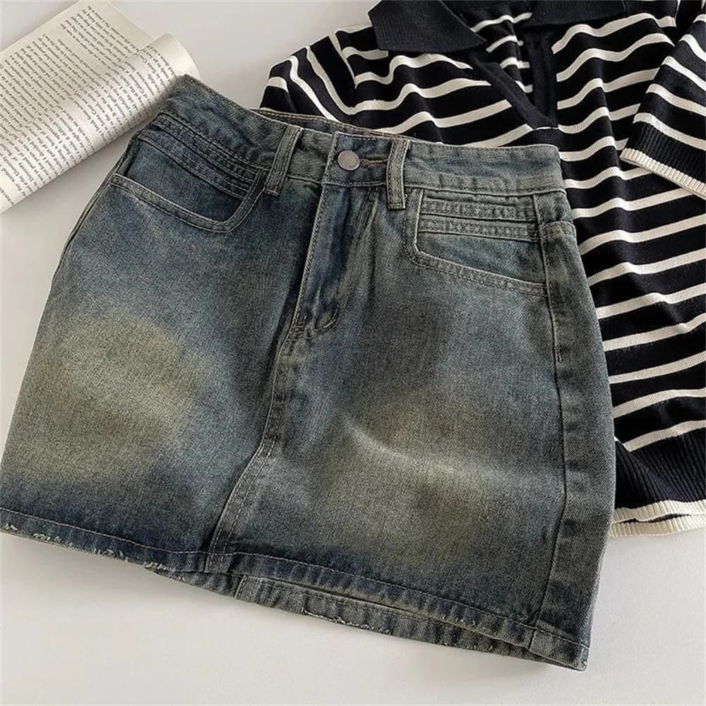 2024 Spring New Women High Belt Anti-exposure Short dress Retro Dark Fashion Solid color Short A Word Denim Skirt