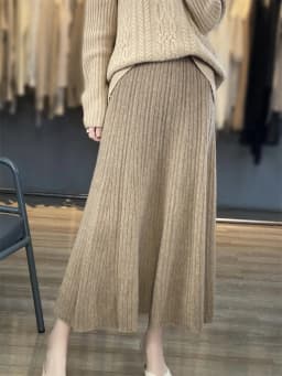 Grace Women's Wool Skirt Autumn Winter 100% Merino Wool Knitted Long Pleated Skirts High Waist A-Line Cashmere Comfortable Dress