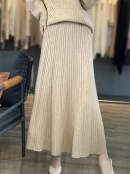 Grace Women's Wool Skirt Autumn Winter 100% Merino Wool Knitted Long Pleated Skirts High Waist A-Line Cashmere Comfortable Dress