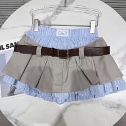 DEAT 2026 Summer Hot Girl Fake 2 Piece Patchwork Striped Design Short Pleated Skirt With Belt A-line Short Skirts 11A09768