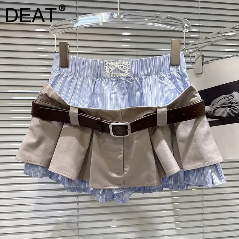 DEAT 2026 Summer Hot Girl Fake 2 Piece Patchwork Striped Design Short Pleated Skirt With Belt A-line Short Skirts 11A09768