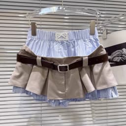 DEAT 2026 Summer Hot Girl Fake 2 Piece Patchwork Striped Design Short Pleated Skirt With Belt A-line Short Skirts 11A09768