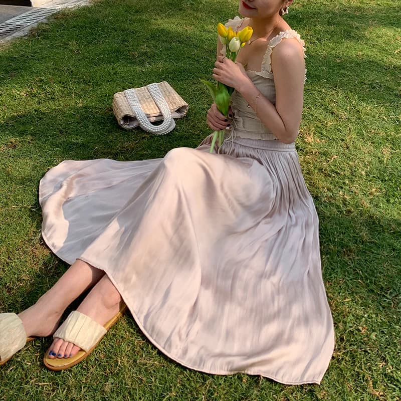 Summer Silky Skirt Elastic High Waist Glossy Silky Long Skirt Sea-Island Filament A-line Skirts Beach Vacation Pearlescent Dress