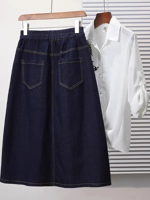 Spring 2025 plus Size Elastic Waist Denim Midi A-Line Skirt Slimming Loose Fit Half-length Skirts Women's Fashion Commute