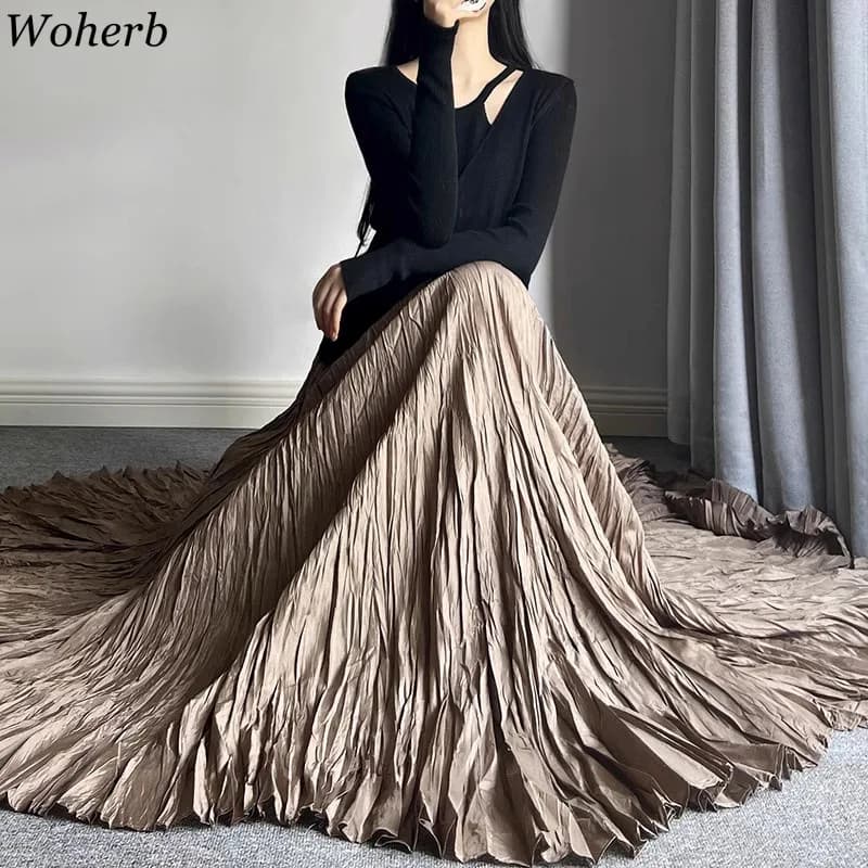 Solid Pleated Vintage Skirt Women 2025 Faldas Mujer De Moda High Waist Big Swing Jupe Fashion Korean Saia A-line Summer Skirts
