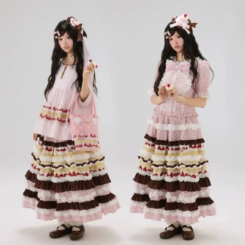 Cbafu Sweet Patchwork Polka Dot Chiffon Long Skirts Y2K Women High Waist Multi-Layer A-line Flower Print Skirt Harajuku A270