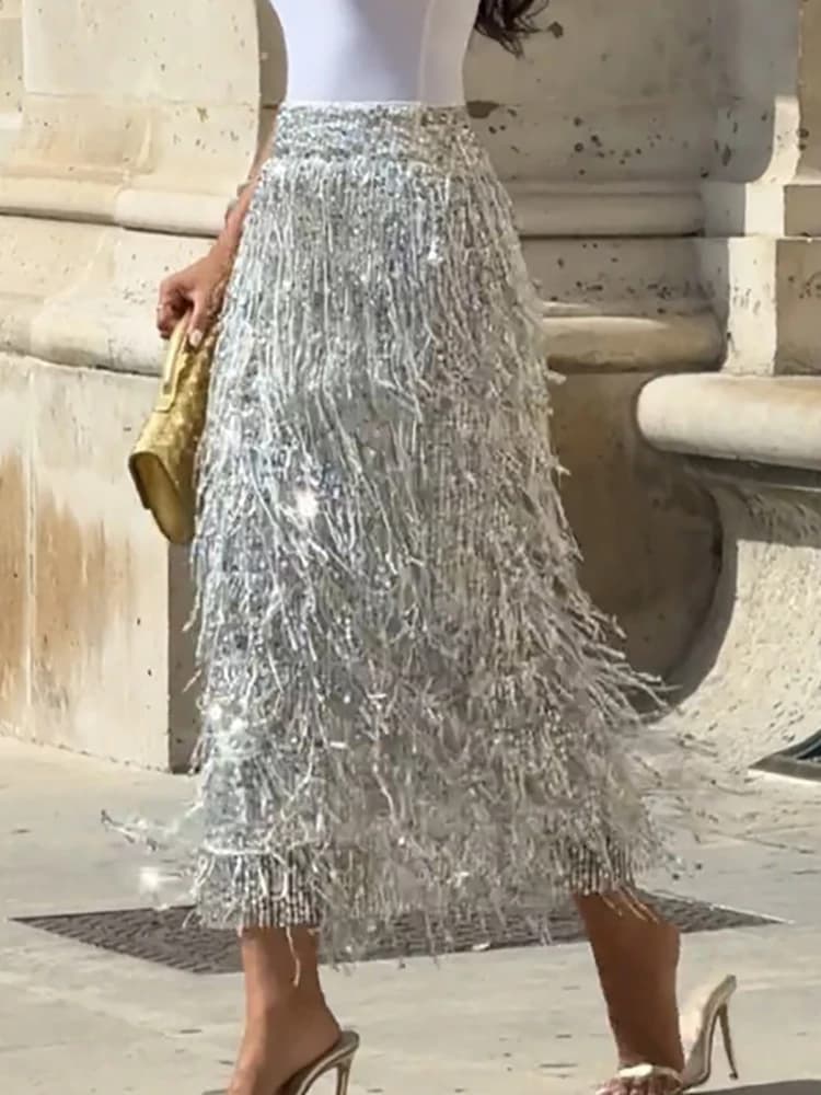 Spring Autumn Holiday Casual Maxi Skirts, Women Simple High Waist Fashion Skirts, 2026 Patchwork Tassel Elegant Ladies Skirts