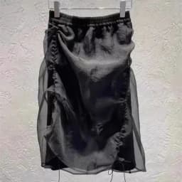 Y2K Harajuku Black Drawstring Skirt Fashion Organza Patchwork Midi Skirts Women Elastic Waist Asymmetric Streetwear Jupe A020
