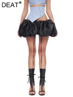 DEAT Fashion Chicken Eye Lace Up Skirt Women's Elastic High Waist Spicy Girl Fluffy Mini Skirts Summer New Tide