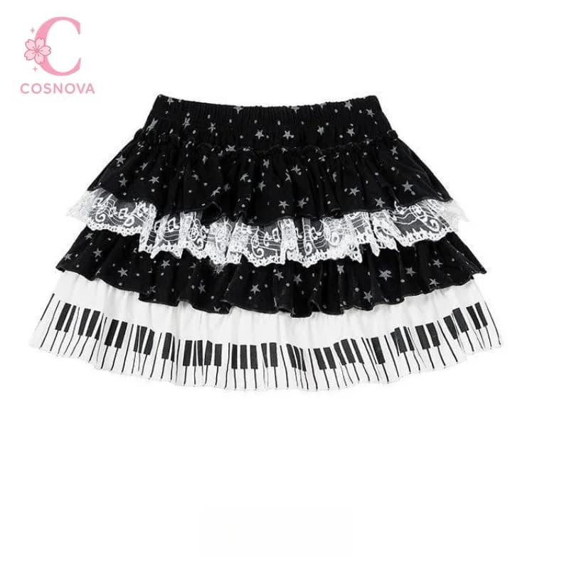 Harajuku Sweet Lolita Piano Key Star Print Lace Tiered Cake Skirt Women High Waist A Line Anti-Exposure Mini Skirt Daily Wear