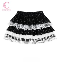 Harajuku Sweet Lolita Piano Key Star Print Lace Tiered Cake Skirt Women High Waist A Line Anti-Exposure Mini Skirt Daily Wear