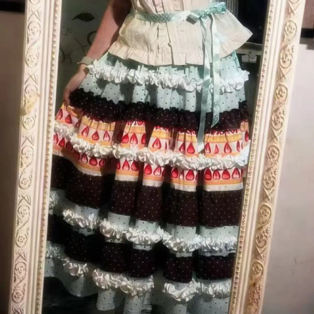 High-end Sweet Patchwork Polka Dot Chiffon Long Skirts Y2K Skirt Women High Waist Multi-Layer A-line Flower Print Skirt Harajuku