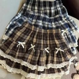 Sweet Cool Kawaii Y2K Puff Mini Skirt Women's Plaid High-Waist Lace Patchwork Bow Casual Dating Skirt Lolita School Performance
