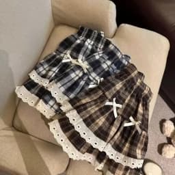 Sweet Cool Kawaii Y2K Puff Mini Skirt Women's Plaid High-Waist Lace Patchwork Bow Casual Dating Skirt Lolita School Performance